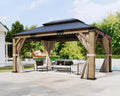 12x14FT Hardtop Gazebo with Double Roof, Privacy Curtain & Netting O743059