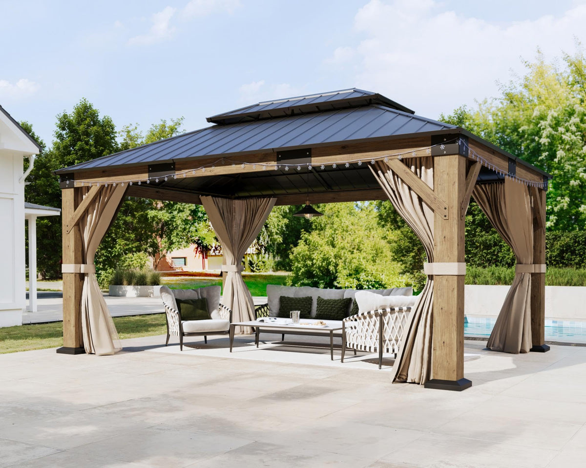 12x14FT Hardtop Gazebo with Double Roof, Privacy Curtain & Netting O743059