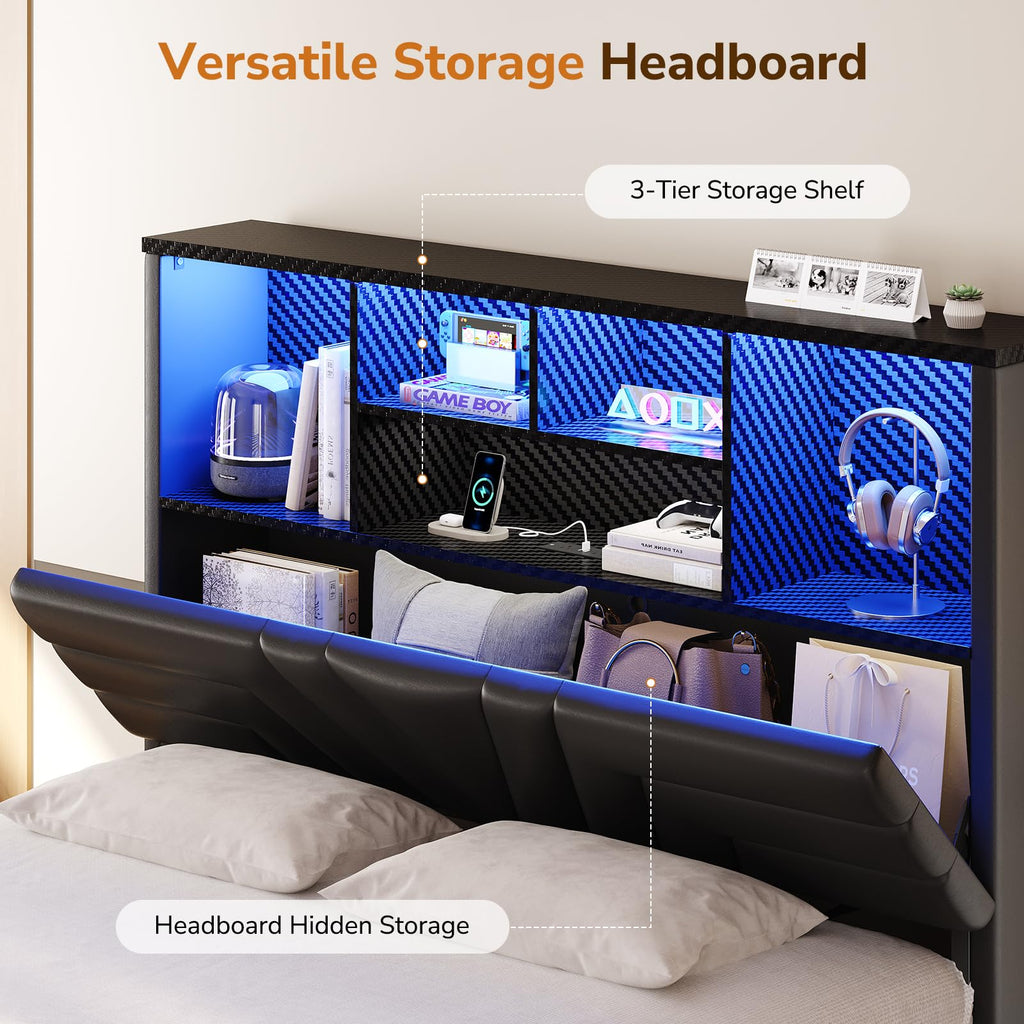 Full Size Bed Frame with 4 Drawers and Storage Headboard, Black H239189