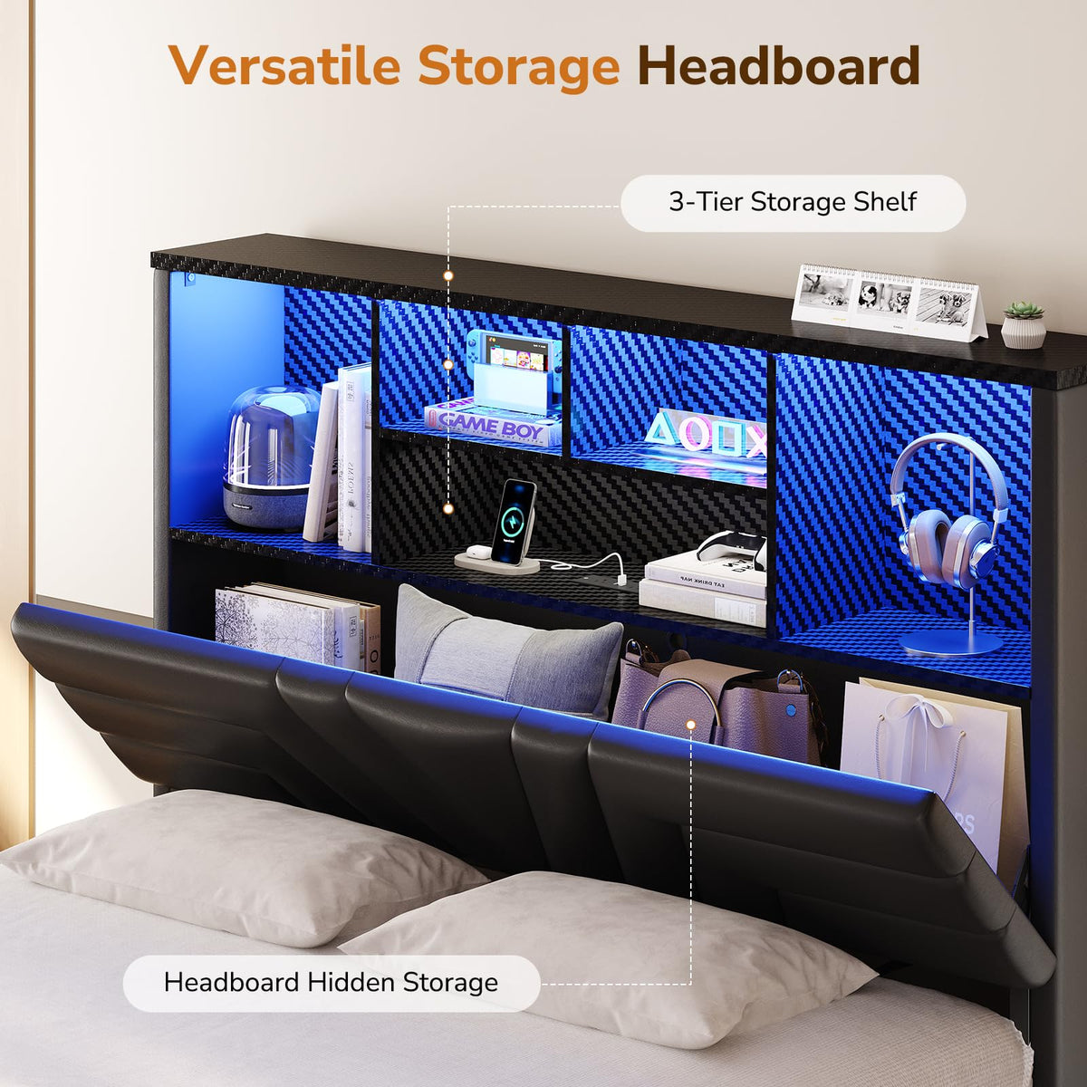 Full Size Bed Frame with 4 Drawers and Storage Headboard, Black H239189