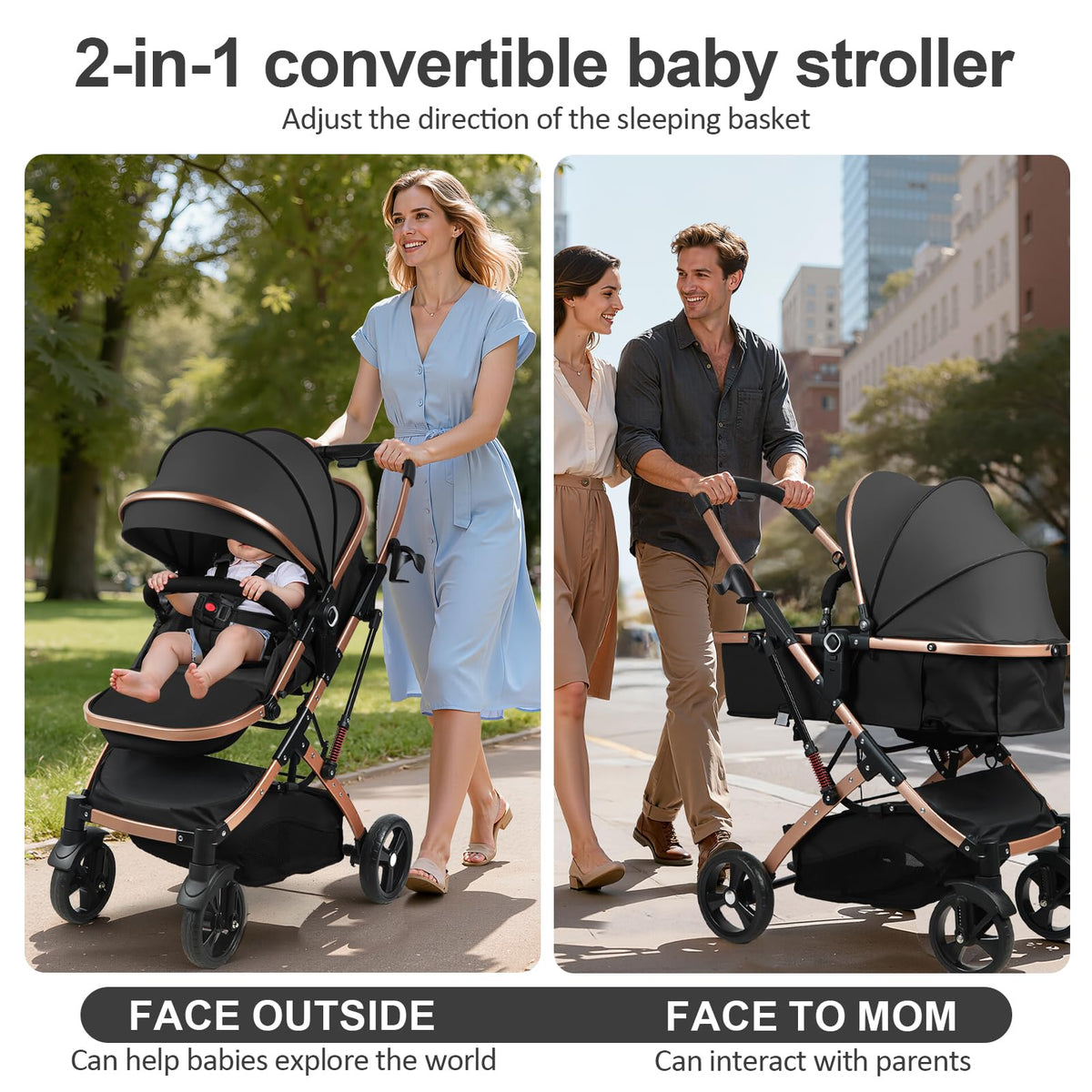 2 in 1 Convertible Bassinet Stroller with Reversible Seat UPF Canopy Black F107558