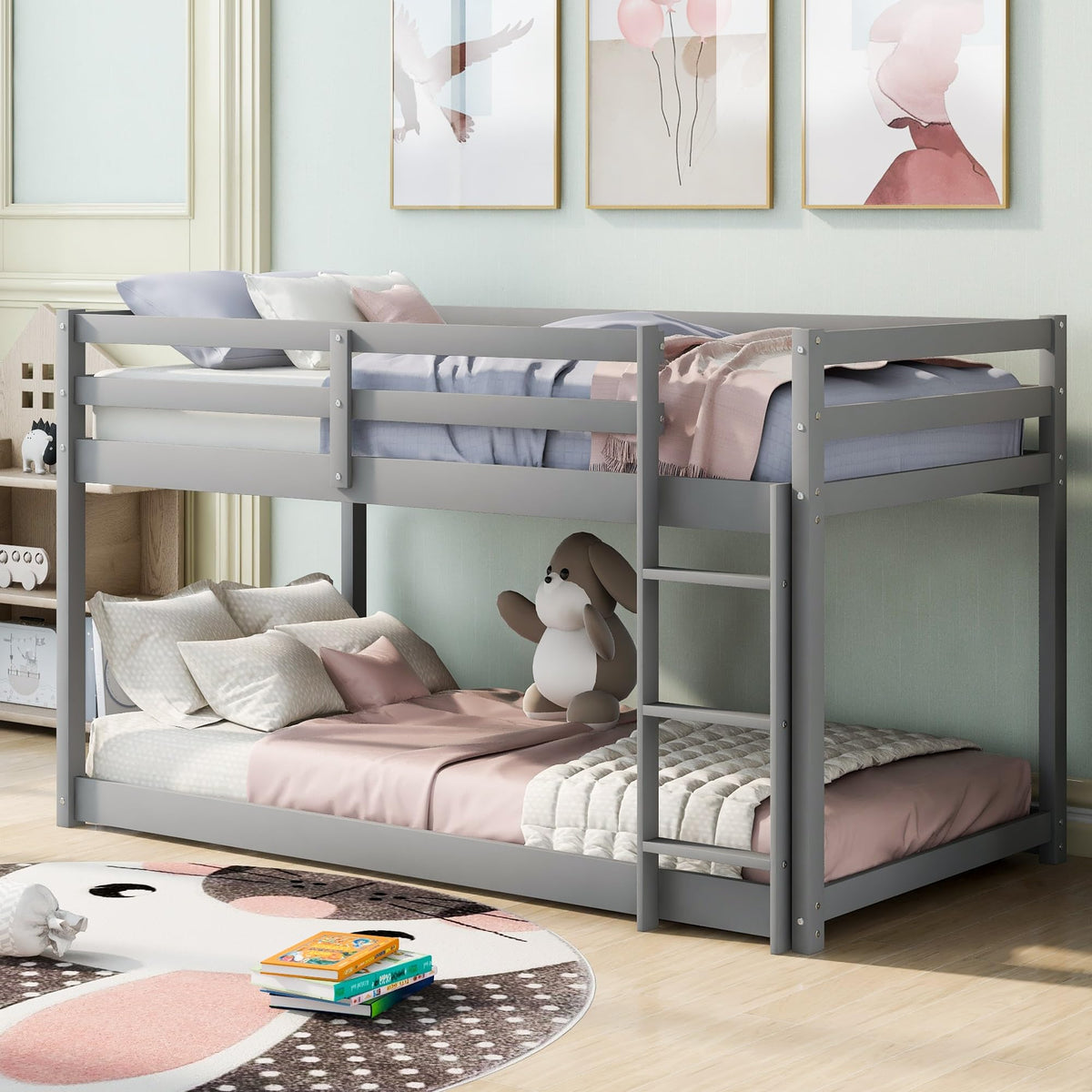 Twin Over Twin Solid Wood Bunk Bed with Ladder and Guardrails Y753