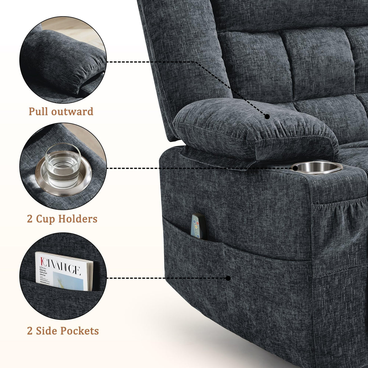 Fabric Dark Gray Swivel Rocker Recliner with Cup Holder S296
