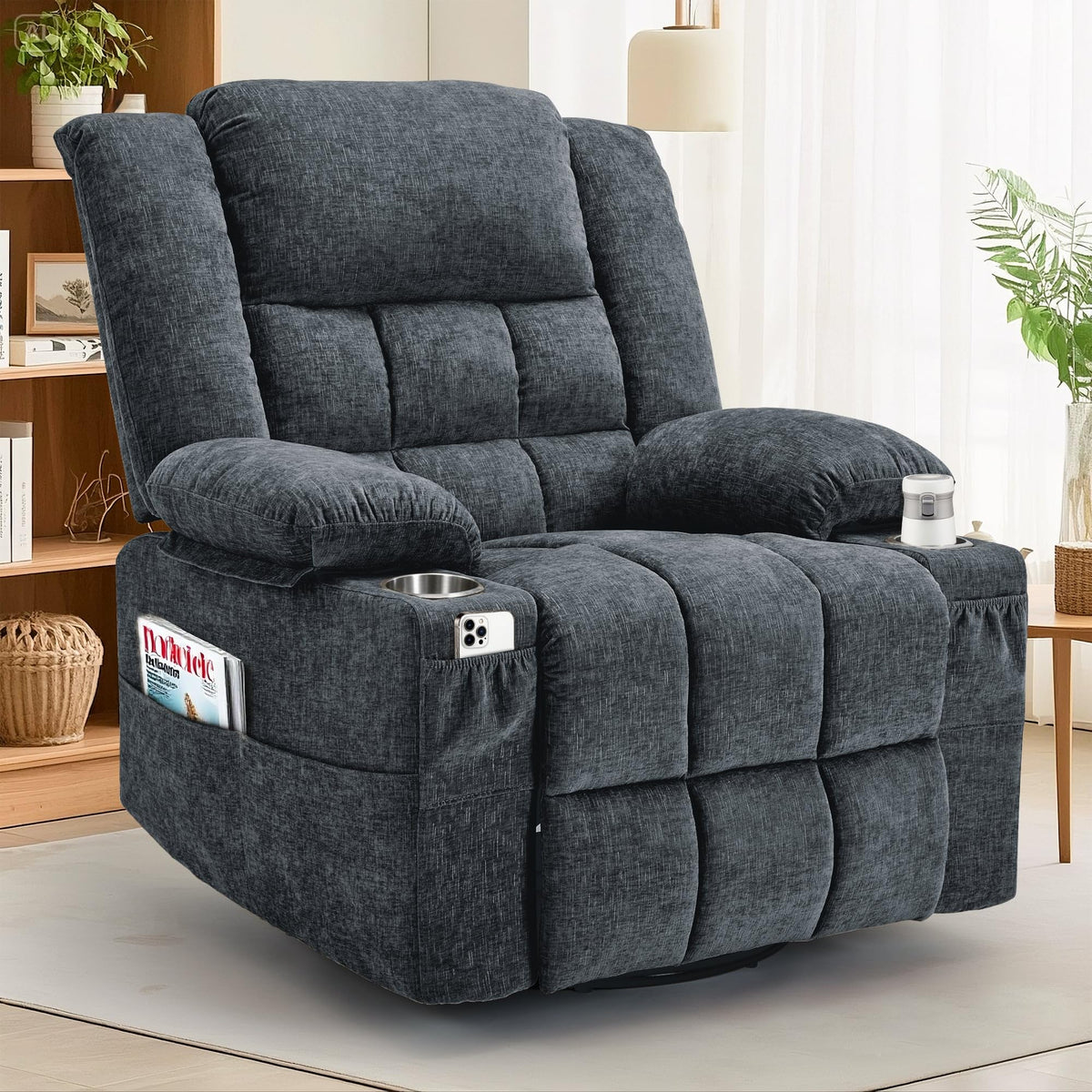 Fabric Dark Gray Swivel Rocker Recliner with Cup Holder S296