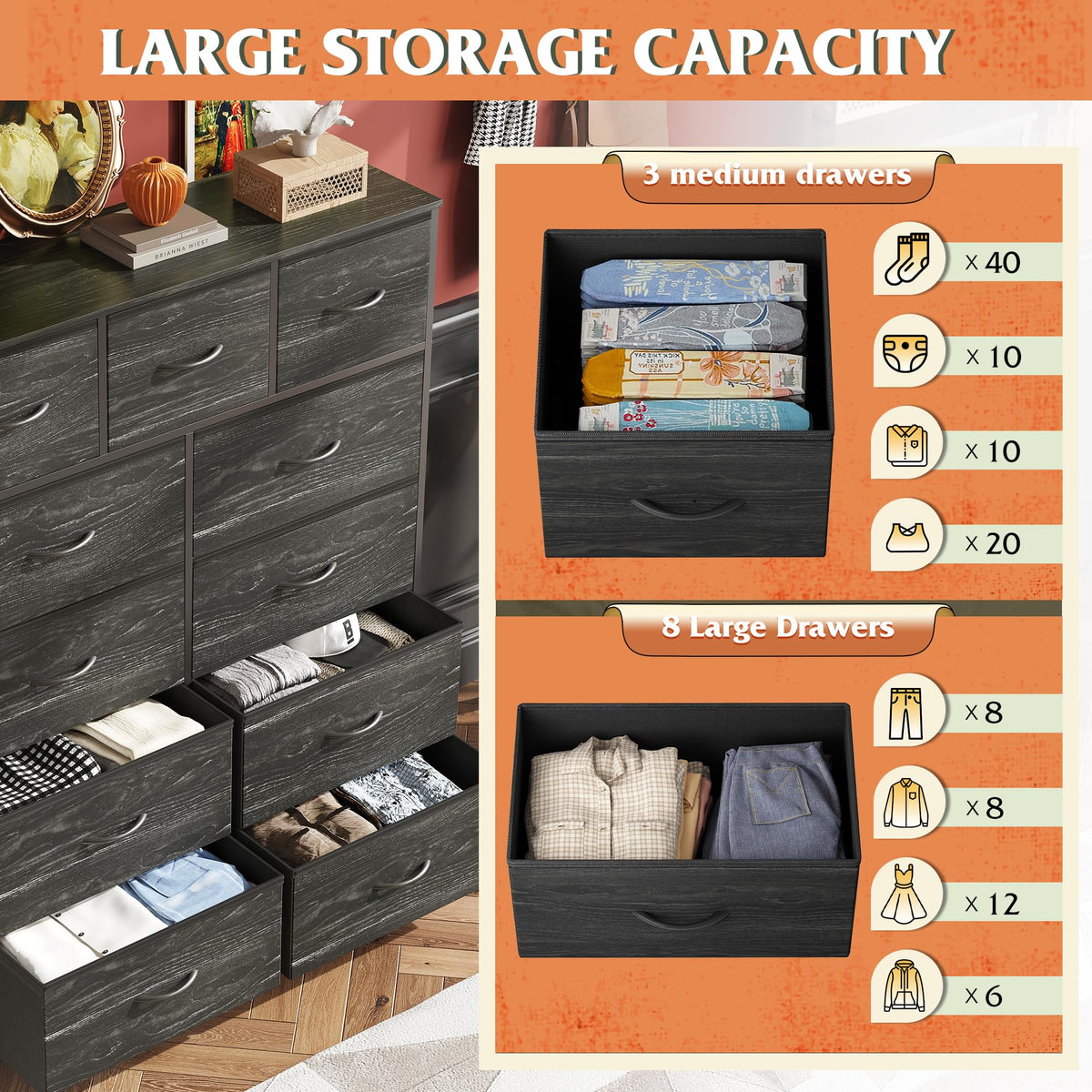 Black 11 Drawer Fabric Dresser A340228