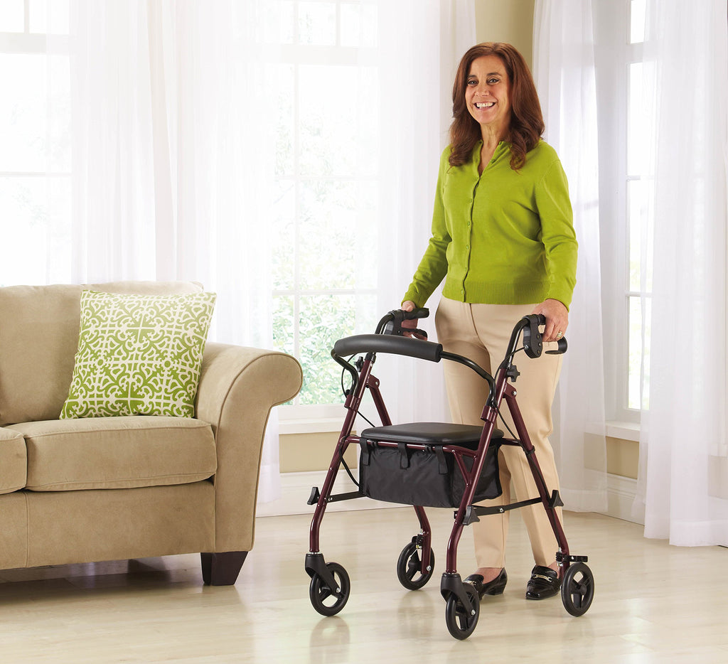 Steel Rollator Walker with Seat, Burgundy, 350 lb. Weight Capacity G74335