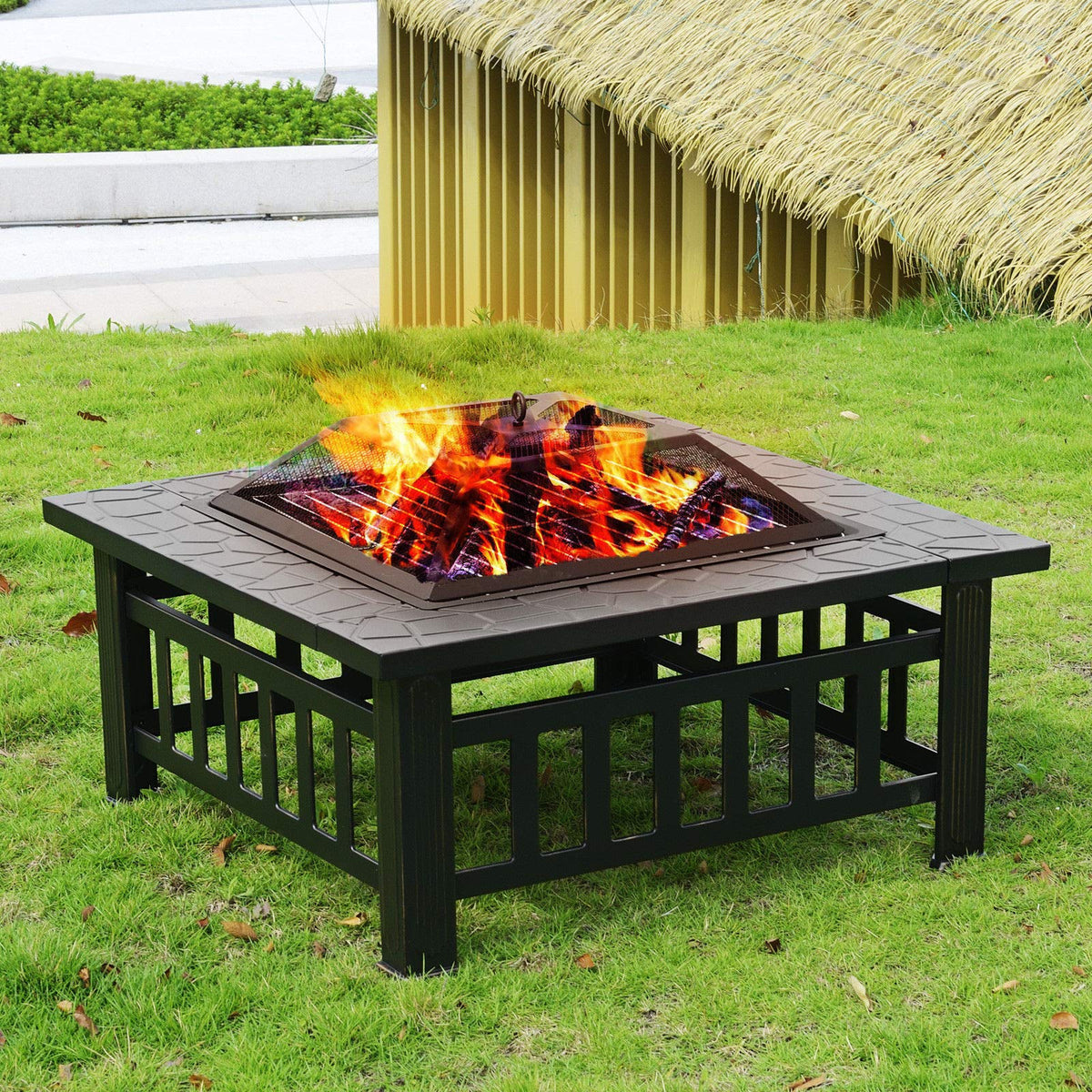 32'' Black Metal Square Wood Burning Fire Pit with Spark Screen Cover, Log Grate, Poker I86214